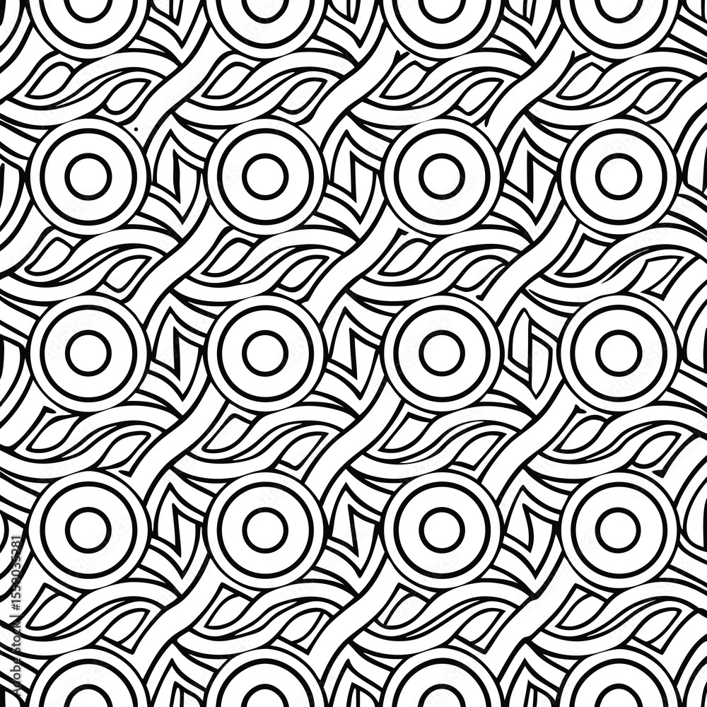 Poster abstract geometric seamless pattern with circular and wavy shapes in black and white