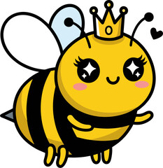 Cute Cartoon Queen Bee with Crown and Heart – Adorable Kawaii Flying Bee Character for Kids and Nursery Art
