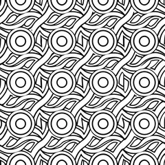 Abstract geometric seamless pattern with circular and wavy shapes in black and white