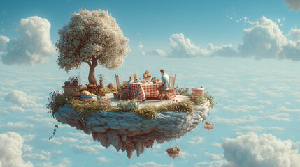 Obraz premium Floating island picnic scene in the sky, dreamy vibe
