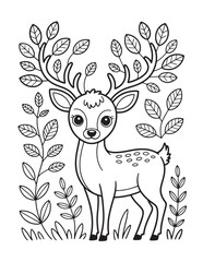 Whitetail Deer Standing Among Leaves – Elegant Woodland Animal Line Art for Autumn Coloring