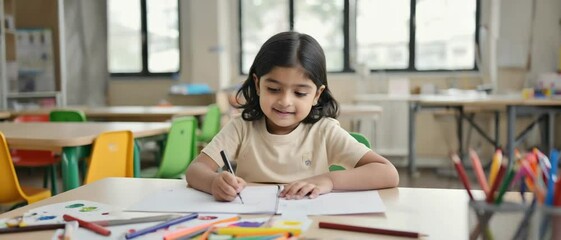 Happy little girl drawing in classroom creative art project school education learning and fun activities - Powered by Adobe
