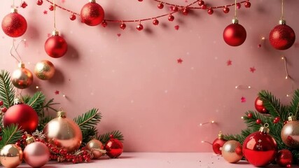 A festive background with red and gold Christmas ornaments, green pine branches, and twinkling lights on a soft pink surface. Ideal for holiday mockups. - Powered by Adobe