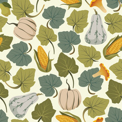 Autumn harvest seamless pattern with pumpkins, corn, and green foliage. For fall season design, packaging, textile, wrapping paper, wallpaper, Thanksgiving, and harvest festival decor. Flat vector.