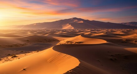 Majestic Desert Sunset Golden Sands and Dramatic Mountains