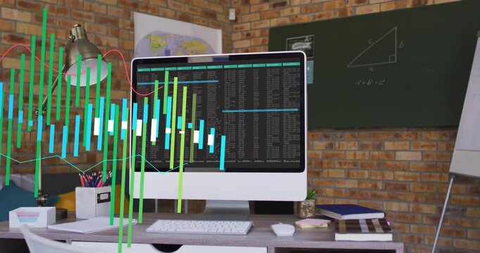 One second after startup, bars rising across desk with red line weaving, visualizing data trends
