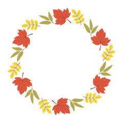 Autumn leaves wreath. Autumn leaf circle frame. Wreath with foliage in autumn colors for fall season greeting card, invitation, postcard, poster, Thanksgiving, and Halloween design.