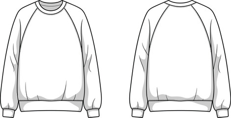 Blank White Crew Neck Raglan Sleeve Sweatshirt Template, Front and Back Views, Isolated on White, Customizable Unisex Apparel Basic Flat Sketch for Fashion Mockups and Print on Demand