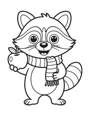 Cartoon Raccoon Wearing Scarf – Autumn Woodland Animal Line Art for Children’s Coloring Book