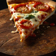 Close-up of a slice of pizza with melted cheese stretching as it’s pulled away, highlighting its cheesy goodness.