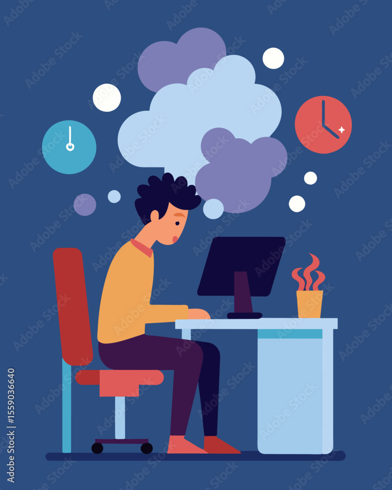 Poster sitting at a desk a persons computer screen is filled with a constant flow of pessimistic thoughts b