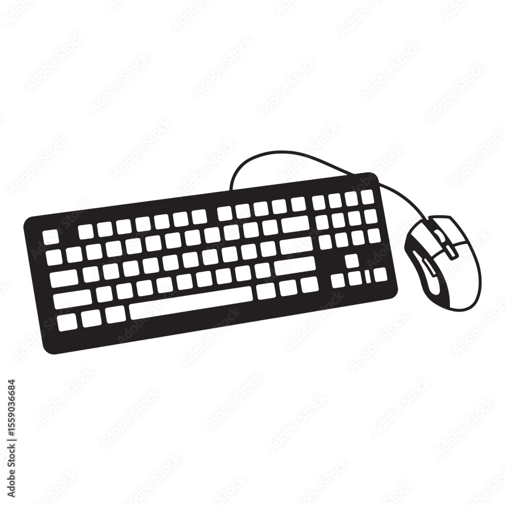 Poster simple black and white illustration of computer keyboard and mouse isolated on white background