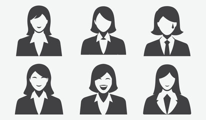 Business Young Woman Silhouettes Showing Different Facial Expressions and Emotions in Stylish Outlines