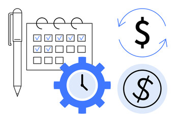 Obraz premium Calendar with marked dates, gear with clock symbol, pen, and dollar-related icons for productivity, financial planning, scheduling, time efficiency, business strategy, goal setting simple flat