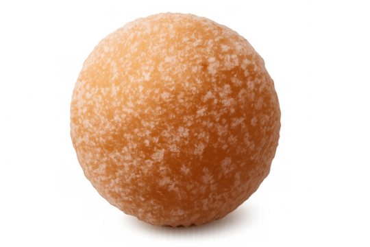 Sweet donut sphere glistening with powdered sugar, floating against clean transparent backdrop