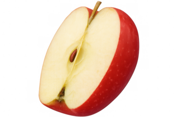 Red apple bisected, revealing seeds and stem, transparent backdrop highlighting crisp fruit details for culinary and health imagery