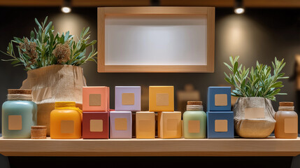 Shelf of Serenity: An inviting display of elegant packaging on a wooden shelf. The warm lighting accentuates the colors and textures.