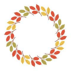 Autumn leaves wreath. Autumn leaf circle frame. Simple autumn colorful wreath with foliage for fall season greeting card, invitation, postcard, poster, Thanksgiving, and Halloween design.