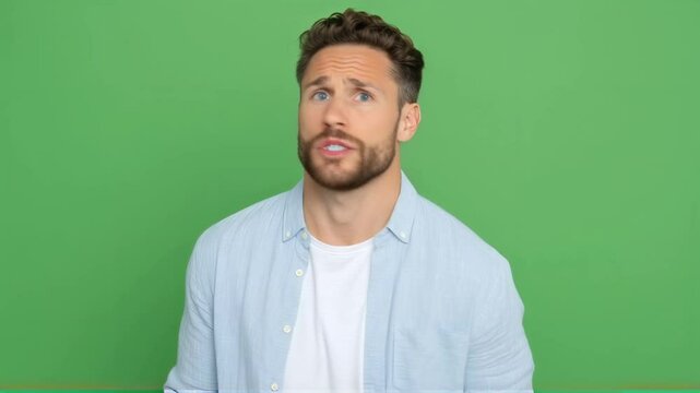 Bearded man making funny faces against green screen background. Caucasian male expressing different emotions. Chromakey for video editing. Acting and facial expression concept.