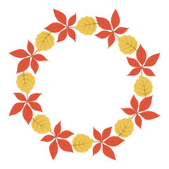 Autumn leaves wreath. Autumn leaf circle frame. Simple autumn colorful wreath with foliage for fall season greeting card, invitation, postcard, poster, Thanksgiving, and Halloween design.