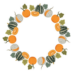 Pumpkin wreath. Pumpkin harvest circle frame flat vector design. Autumn round frame with various colorful pumpkins for seasonal decoration, invitation, greeting card, and Thanksgiving design projects.