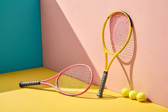 Two colorful tennis rackets and balls arranged on a vibrant background with shadows