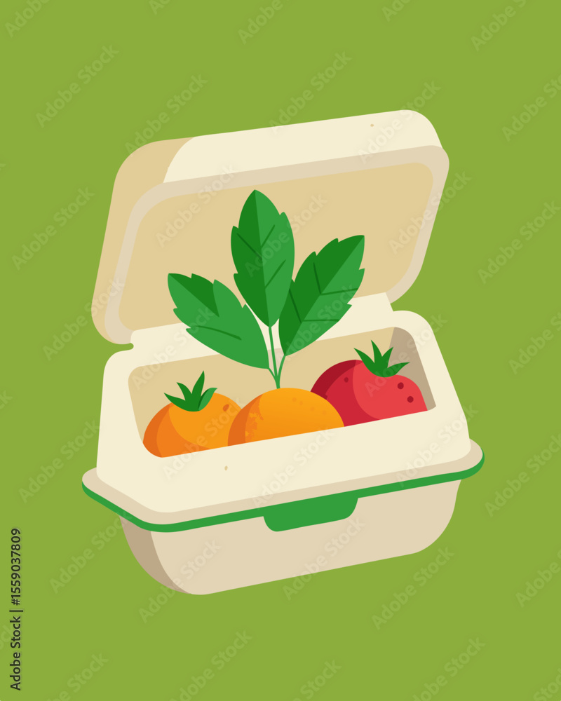 Poster a biodegradable clamshell container holding fresh produce made from plantbased materials and printed