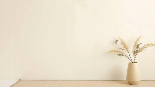 A minimalist interior scene featuring a light beige wall and a wooden floor. A simple vase with dried plants adds a touch of nature to the space.