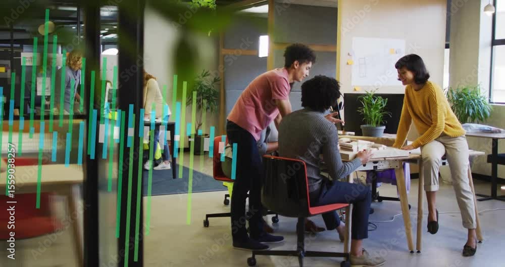 Poster three coworkers gathering reviewing sketches, two entering and joining as analytics bars animating
