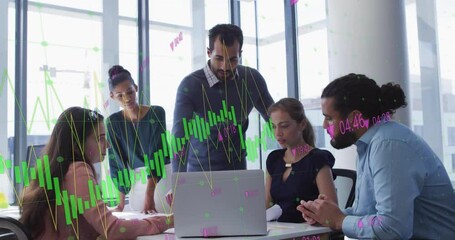 In finance meeting strategist picking pencil highlighting candlestick chart dip for planning - Powered by Adobe