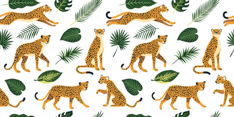 Seamless pattern with cute leopards or cheetah and exotic tropical leaves. Vector background for printing on fabric, stationery, paper, packaging, children's clothing. © OlivaGreen