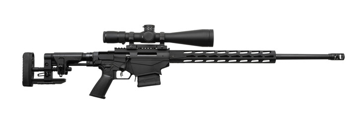Black bolt-action sniper rifle featuring a long barrel, ergonomic tactical stock, and mounted...