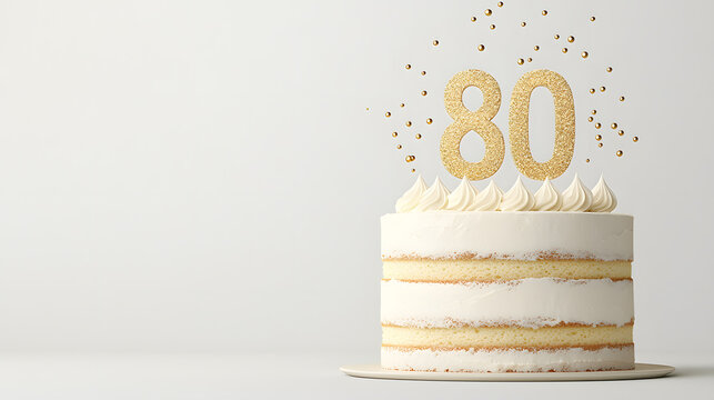 White cake with golden number 80 topper and gold dots. Elegant milestone cake with golden number 80 topper and metallic gold dots on white frosting, ideal for an 80th birthday celebration.