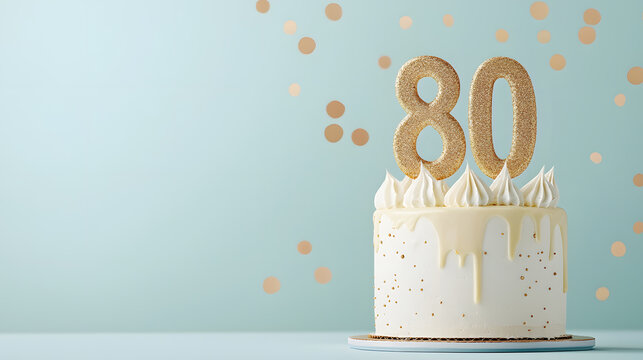 White cake with golden number 80 topper and gold dots. Elegant milestone cake with golden number 80 topper and metallic gold dots on white frosting, ideal for an 80th birthday celebration.