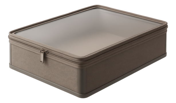 Under-bed shoe storage box with a zippered lid for keeping shoes dust-free in a bedroom.