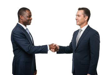 Two diverse mid-40s businessmen in dark suits shaking hands confidently with subtle smiles and eye contact on a clean white background with copy space, showcasing mutual trust and respect. Concept of