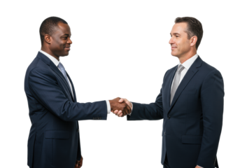 Two diverse mid-40s businessmen in dark suits shaking hands confidently with subtle smiles and eye contact on a clean white background with copy space, showcasing mutual trust and respect. Concept of
