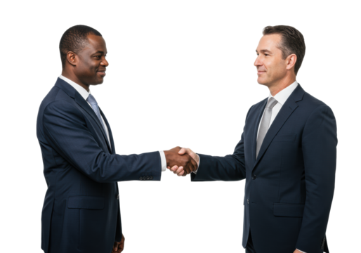 Two diverse mid-40s businessmen in dark suits shaking hands confidently with subtle smiles and eye contact on a clean white background with copy space, showcasing mutual trust and respect. Concept of - Powered by Adobe