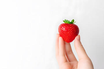 Obraz premium Close-up of fresh strawberry held by hand on white background. Macro shot of a ripe red strawberry held between fingers, isolated on white, perfect for food, freshness, and healthy lifestyle concepts.