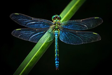 Close up of a stunning iridescent blue and green dragonfly resting on a vibrant green leaf
