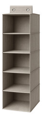 A hanging sweater organizer with wide shelves to prevent stretching in a closet.