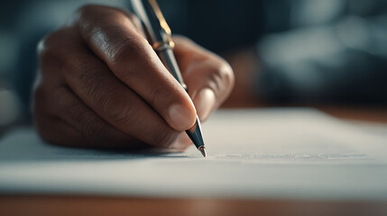 Hand writing with pen on paper in office setting
