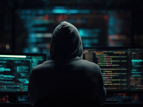 Anonymous Hacker Analyzing Code in a Dark Room with multiple screens 