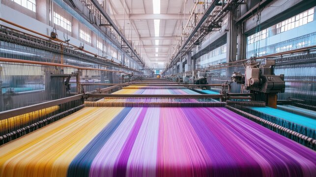 Colorful textile machinery in a large factory