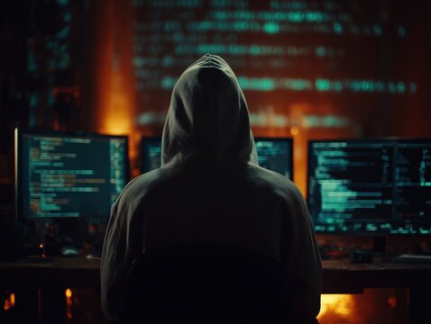 Anonymous Hacker Analyzing Code in a Dark Room with multiple screens 