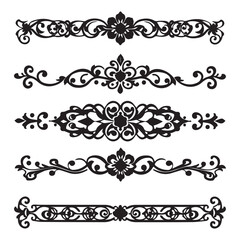 Five elegant black floral swirl design elements for decoration