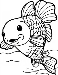 cartoon fish coloring page, black and white line drawing, closeup illustration of a fun, smiling fish with bold lines, hand-drawn simple, easy level for young children, the fish is swimming in the sea