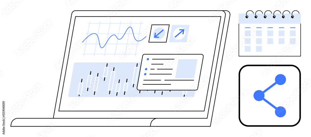 Poster laptop displaying graphs, task window, and analytics. nearby calendar icon and sharing tool. ideal f