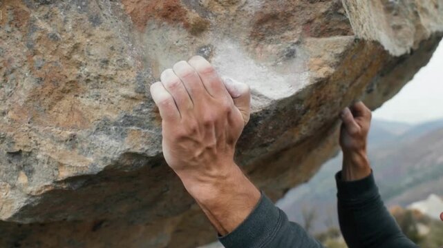 A rock climber grips a large boulder with chalked hands landscape visible in the background - Powered by Adobe