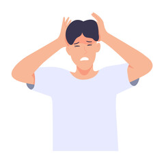 Man holding head, unwell, severe headache. Illness of Migraine. Vector illustration on white background.
